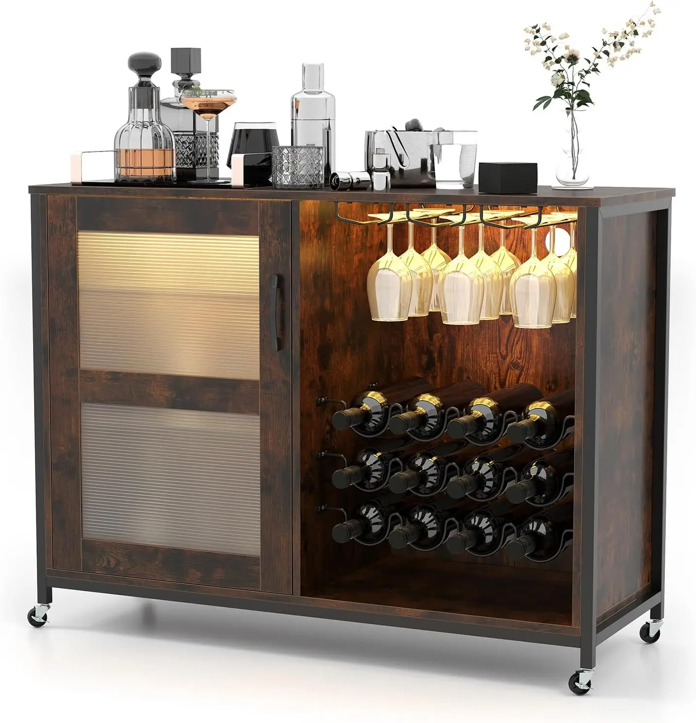 

Wine Bar Cabinet on Wheels, Liquor Buffet Sideboard with LED Lights, Storage Shelves, Glass Holders & Wine Racks, Indu