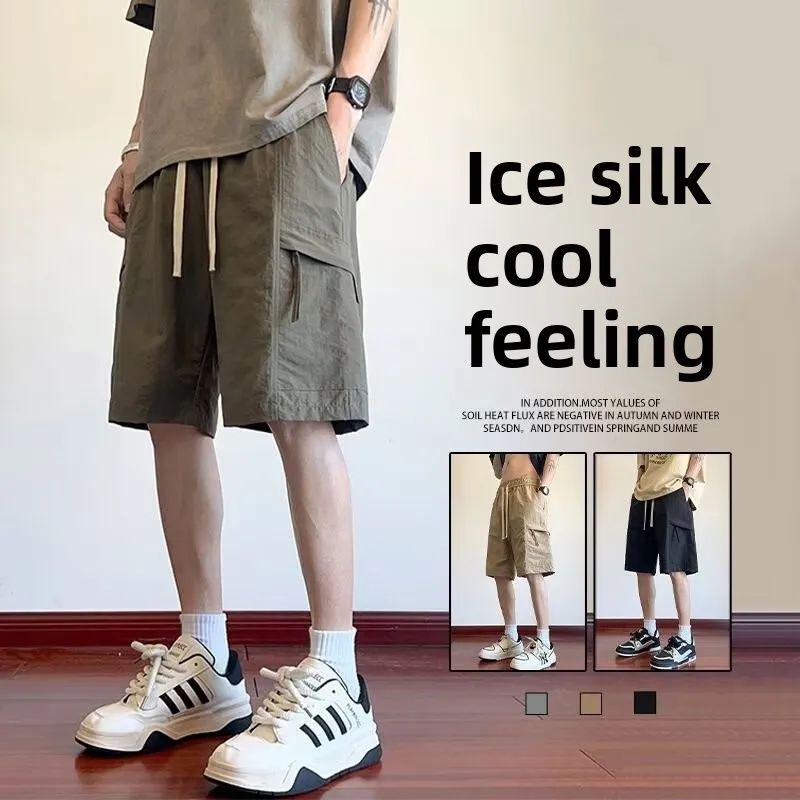 

Мужские летние модные свободные брюки Hong Kong Sle Ice Silk Workwear с молнией и функциональными карманами, спортивные повседневные брюки-капри