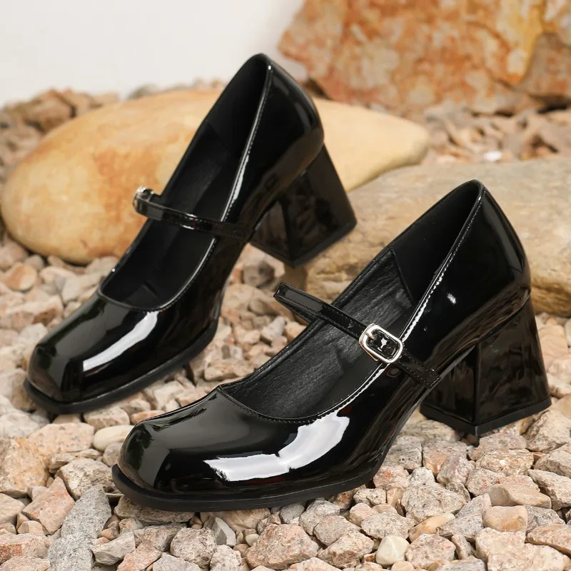 

Модные женские туфли Мэри Джейн на массивном каблуке, роскошные удобные офисные туфли из лакированной кожи с квадратным носком и пряжкой на ремешке