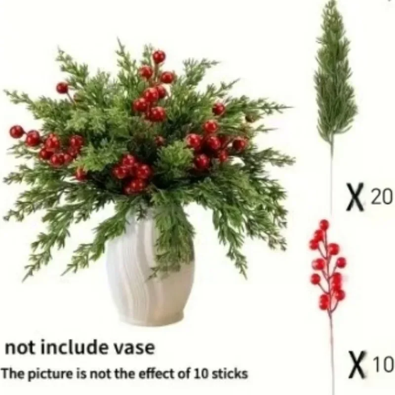 Premium 30Pcs 3-Fork 3D Artificial Pine Needles & Red Berry Set 20 Pine Branches +10 Red Berries Christmas Wreath Tree Decor