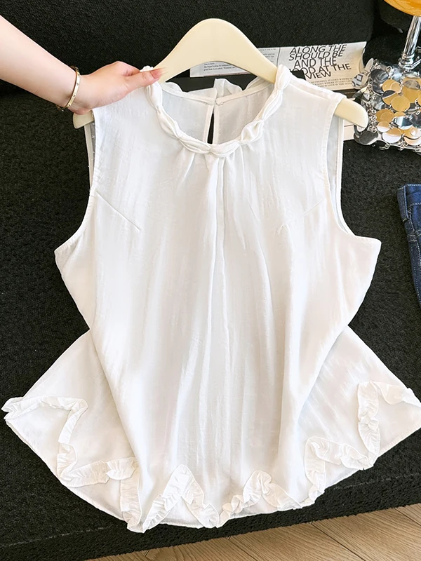 

Women's Neck Hanging Design Summer Sleeveless Vest Korean Style round Neck Loose Fit Cotton Polyester Blend Casual Shirt