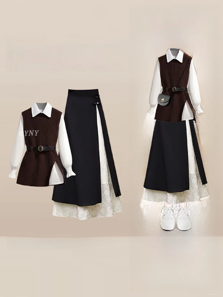 

Casual Knitted Brown Vest Women's High Waist Skirt Three-Piece Set Autumn Winter New Style Layered Shirt Skirt Ensemble