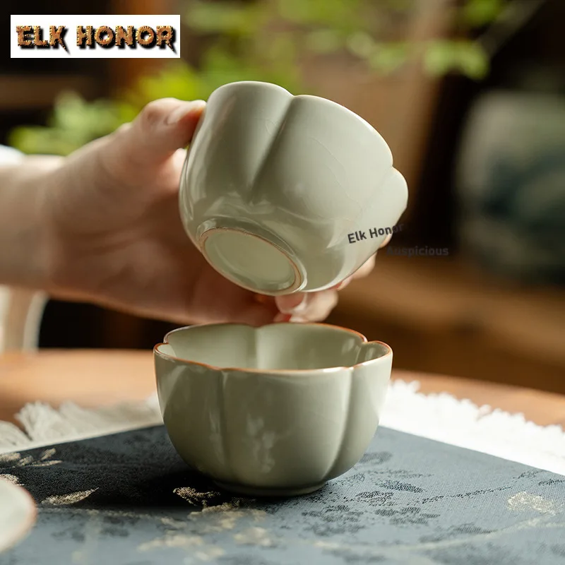 1pc 80ml Ru Kiln Petal Teacup Handmade Tea Bowl Cup For Tea Tea-tasting Meditation Cup Chazhan Master Cups Tea Services Ornament