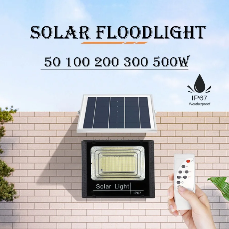 500W Large Battery Solar Panels LED Floodlight Remote Control IP67 Outdoor Solar Power Wall Lamp Corridor Garden Decoration