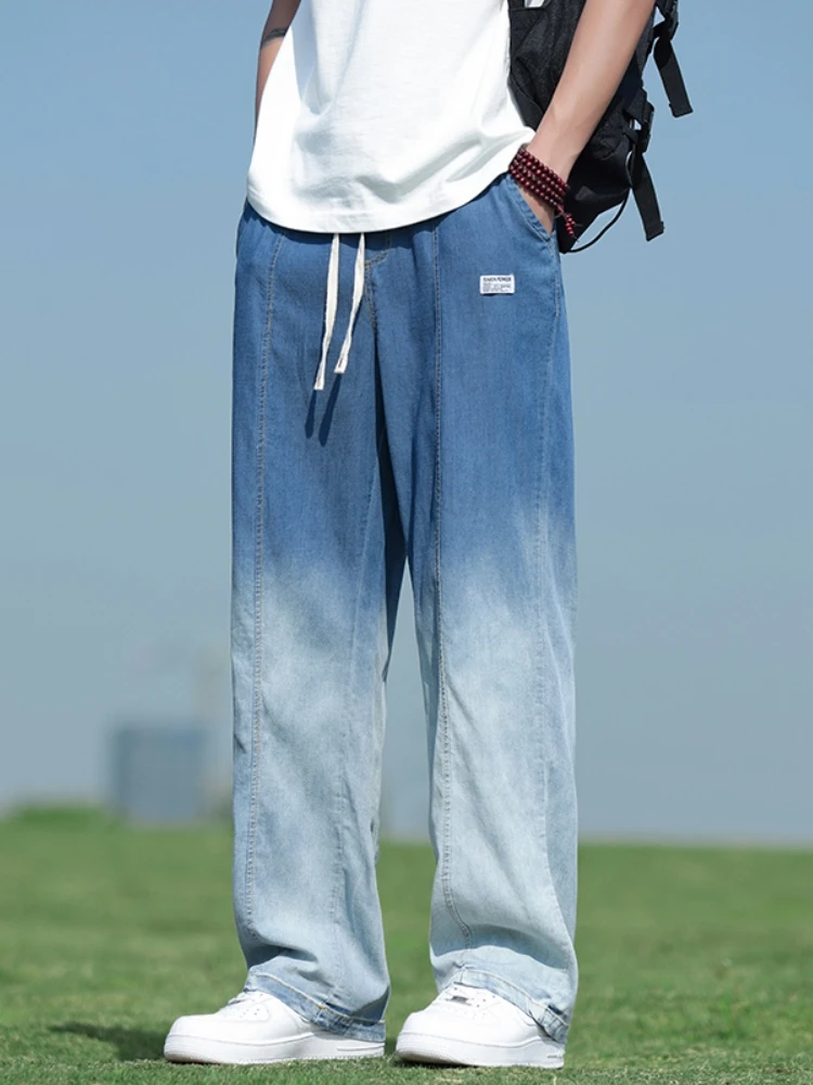 

Мужские летние тонкие джинсы из ледяного шелка с градиентным эффектом, прямые, свободные, повседневные, длинные брюки с широкими штанинами