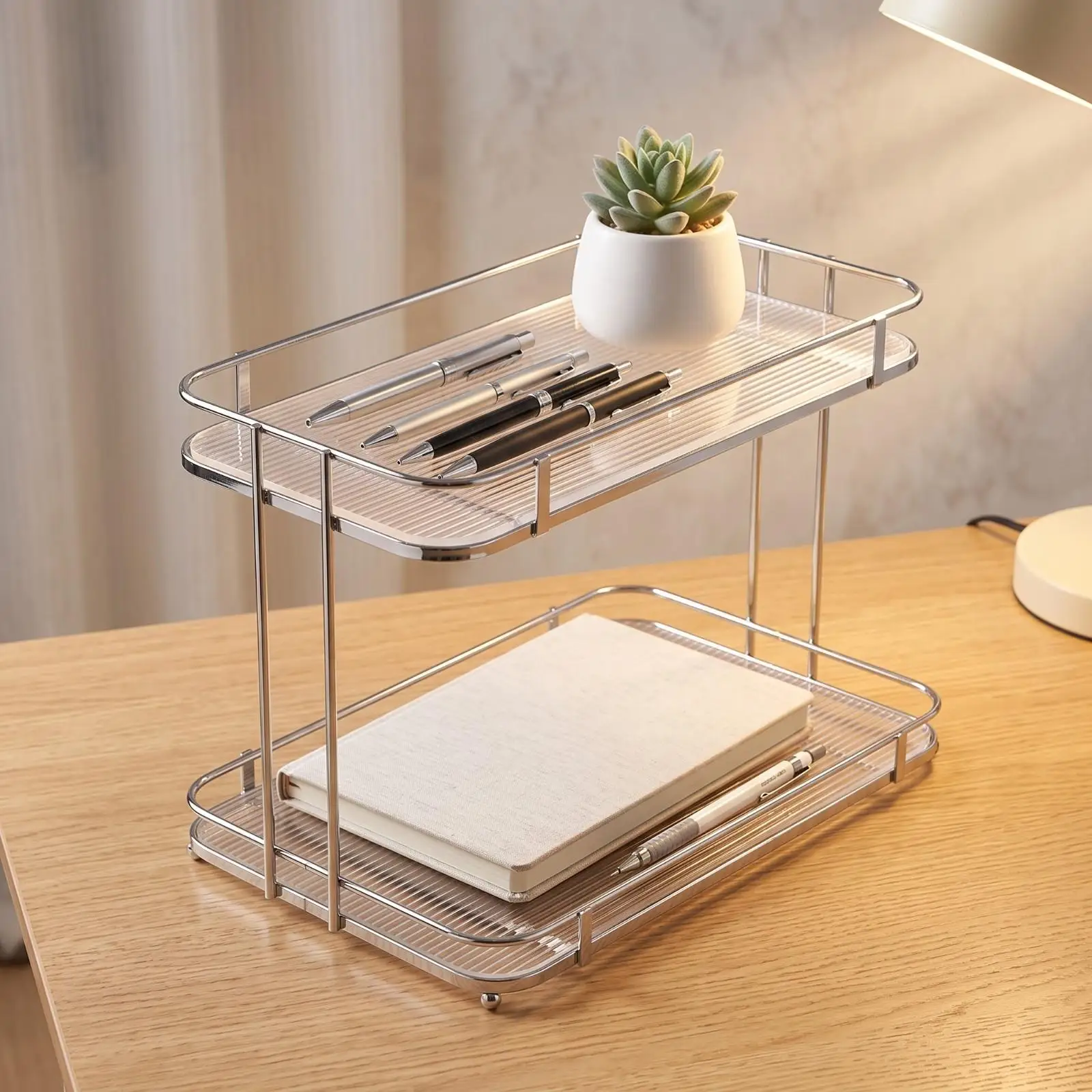 Maximum Visibility Two-Tier Storage Rack | Sturdy Iron Frame, Desktop Organizer with Acrylic Shelves, for Vanity