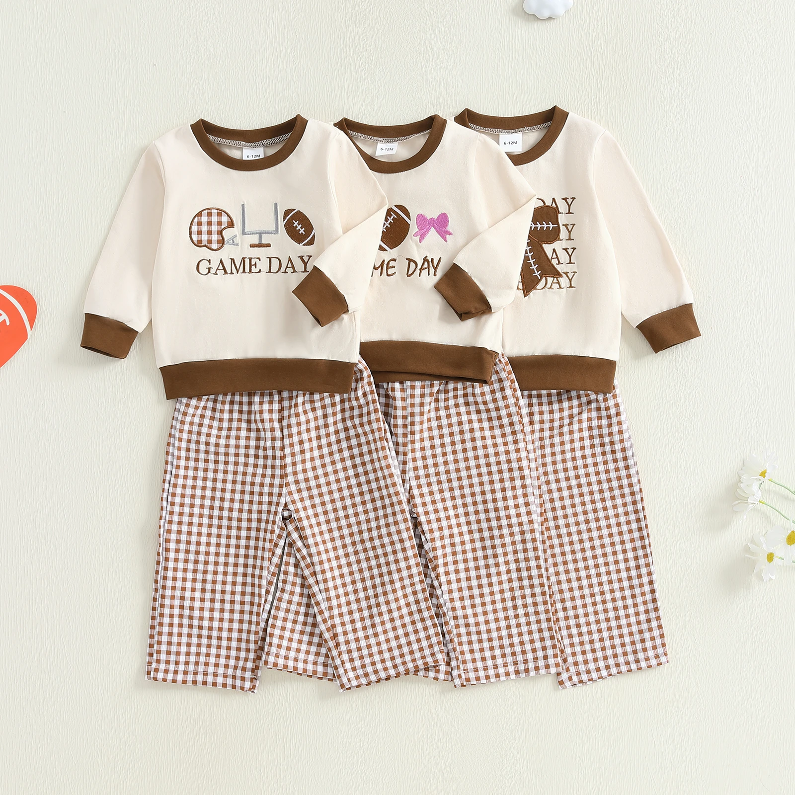 

Tregren Infant Baby Boy Girl Fall Outfit Cute Bow/Rugby Embroidery Long Sleeve Sweatshirt Tops and Plaid Pants 2pcs Clothes Sets
