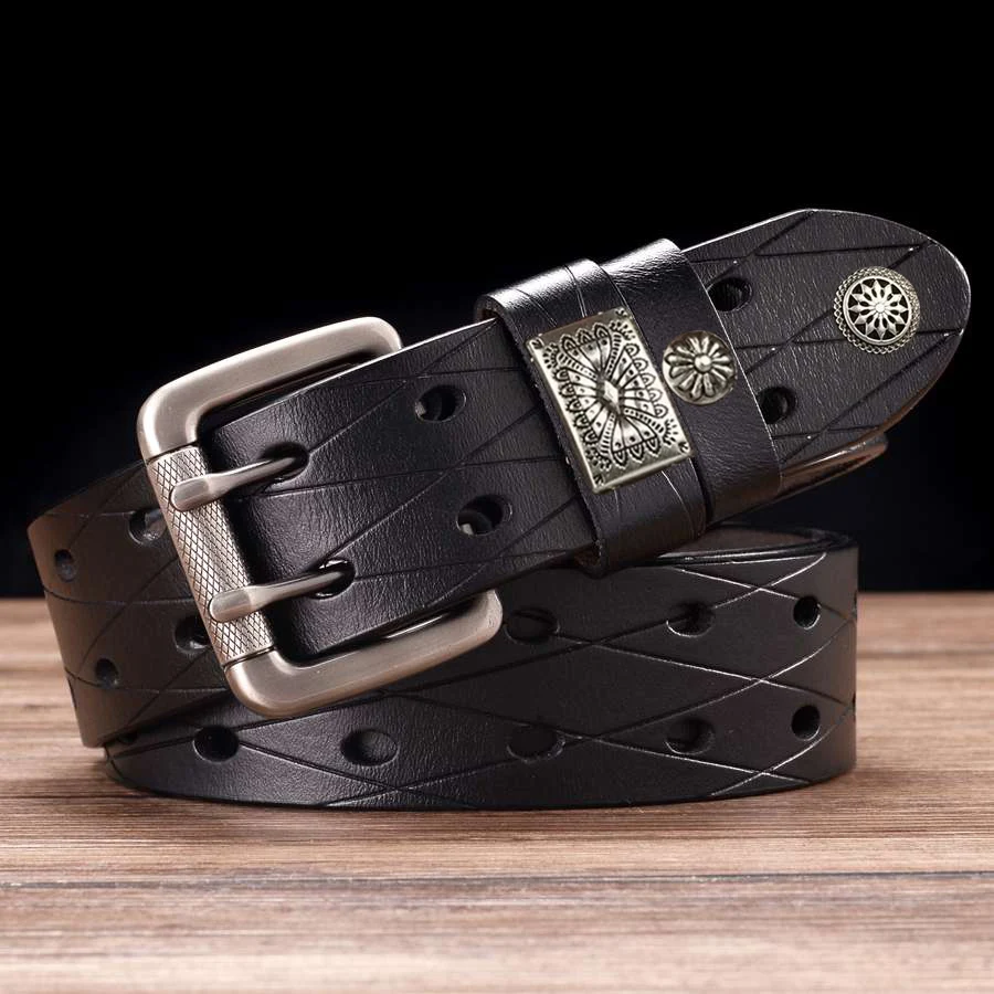 

Новые кожаные ремни для мужчин, классический двухрядный ремень с отверстиями, универсальный выдолбленный ремень, джинсы, мужской кожаный ремень с двойными зубцами