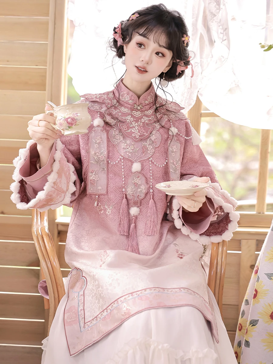 

Designer's Gift Original Peach Mist Hanfu Women's Chinese Style Han Element New Chinese Style Cloud Shoulder Cheongsam Skirt Set