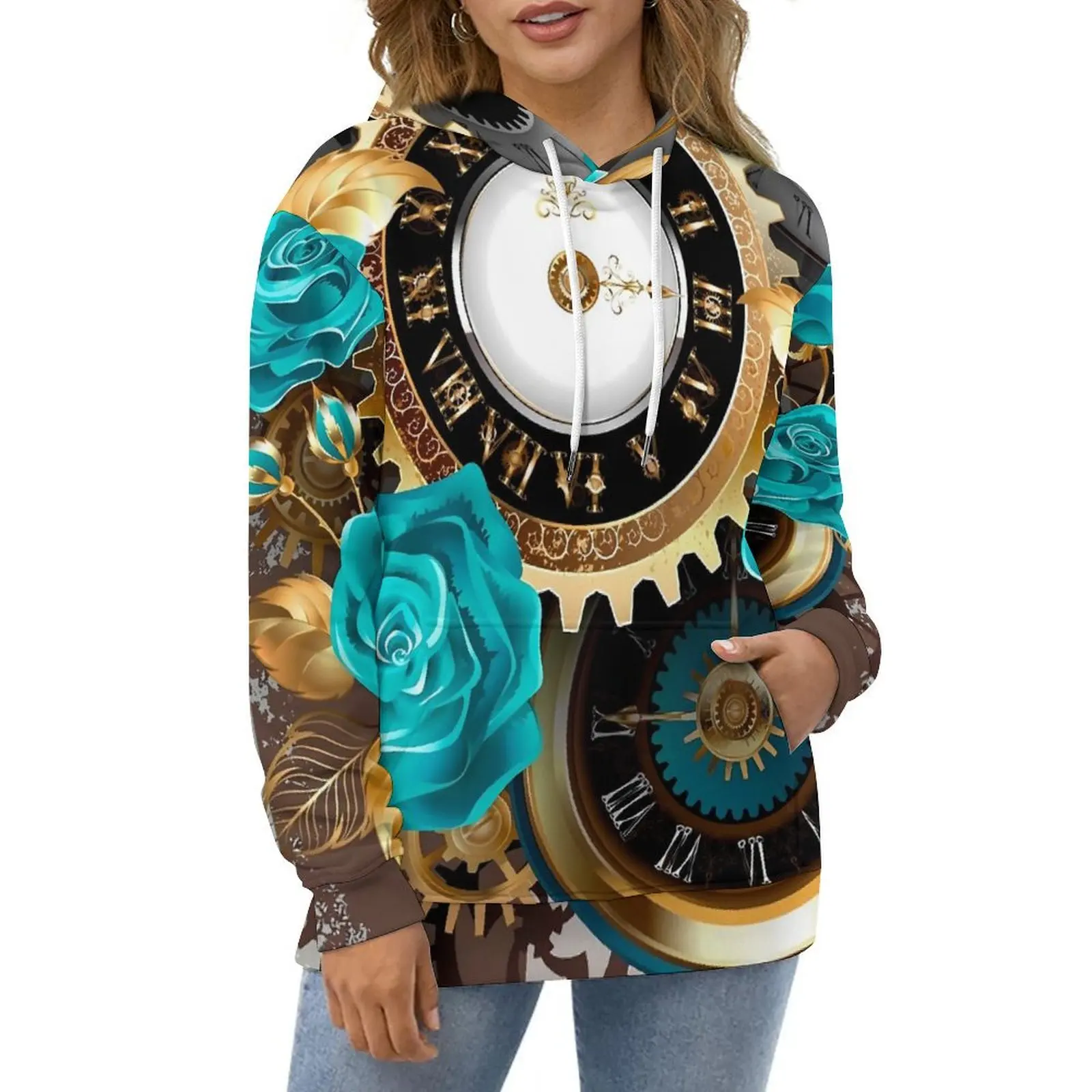 

Steampunk Striped Hoodies Long Sleeve Clock and Roses Retro Casual Pullover Hoodie Autumn Street Wear Loose Hooded Sweatshirts