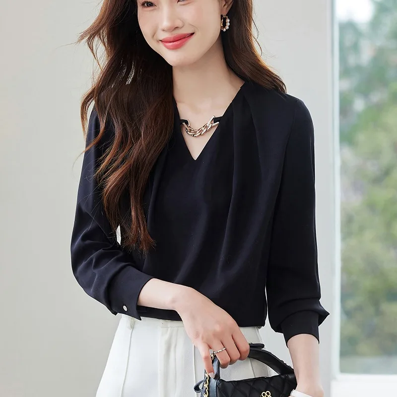 

Vintage Women's Blouses Solid Color Shirts Fashion Loose Summer Korean Clothing Long Sleeved V-neck Chiffon Women Tops