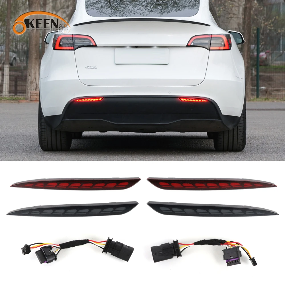 

OKEEN 2X Tesla Model Y Car LED Rear Bumper Brake Light Driving Reflector Taillight Auto Flashing Turn Signal Warning Lights 12V