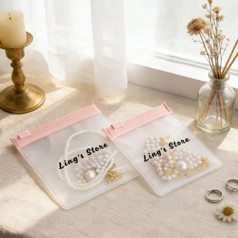 

Personalized Custom Logo Frosted Bag Pink Zipper Fashion Plastic Bag Earrings Necklace Jewelry Transparent Packaging Container