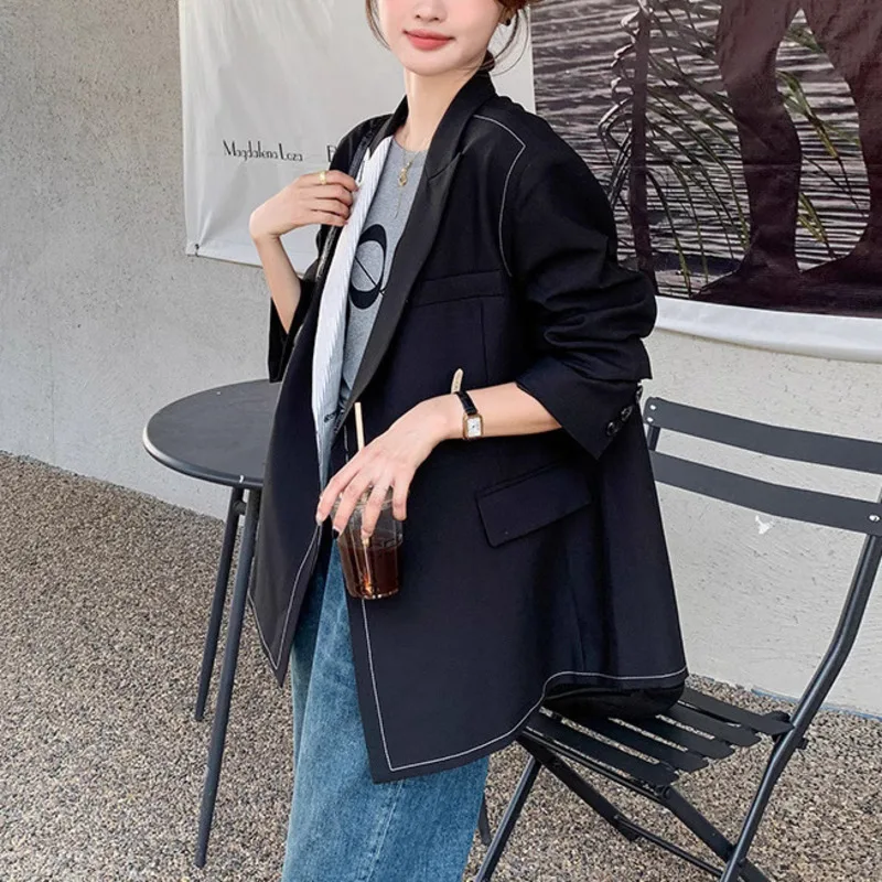 HKSH 春秋の新作レディースブレザー非対称カラーブロックダブルブレストポケットシックな韓国多用途カジュアルジャケット HK14379