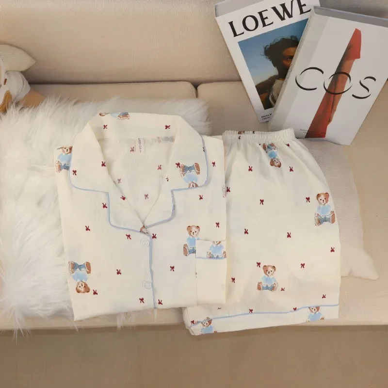 귀여운 잠옷 숙녀 구름 면화 곰 짧은 소매 반바지 카디건 옷깃 만화 플러스 사이즈 유럽 소녀의 사계절 잠옷
