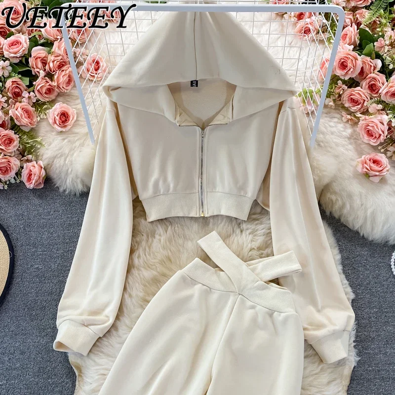 Sports Leisure Suit Women\'s Western Style Cropped Hoodie Two-Piece Set High Waist Straight Pants Wide Leg Pants Long Pants