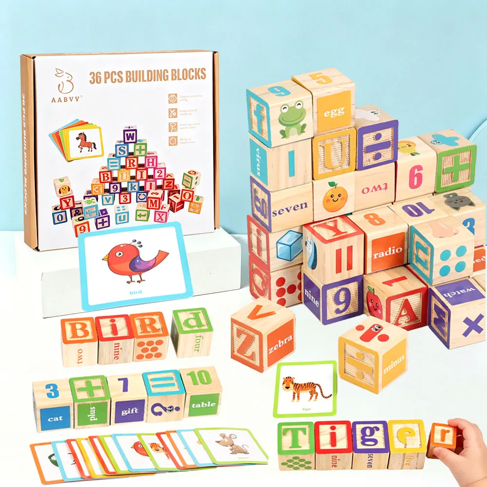 ABC Wooden Building Blocks Alphabet & Number Stacking Puzzle Blocks Montessori Educational Learning Toys for Boy Girl Preschool
