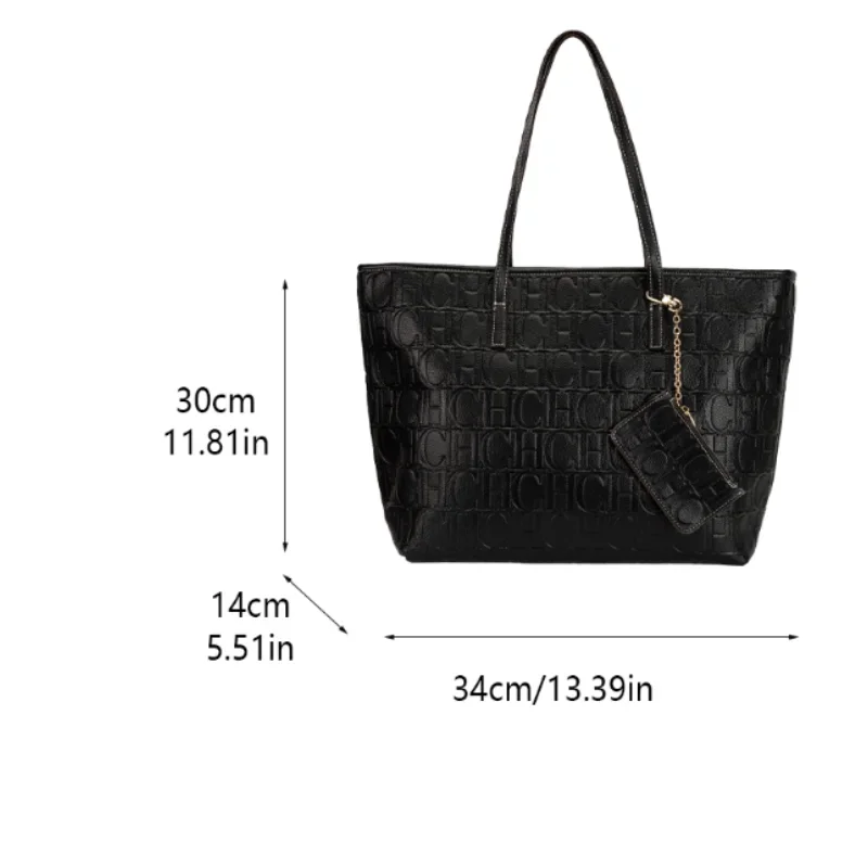 CH Womens Solid Color Tote Bag Embossed Letter Print Coin Pouch Chain Charm Top Handle Shoulder Handbag - view 6
