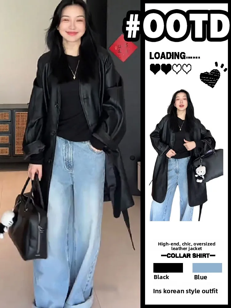 Bla PU cuero Jaet mujer motocicleta Sle abrigo de longitud media otoño 2025 nueva ropa de abrigo Faionable de un solo botón