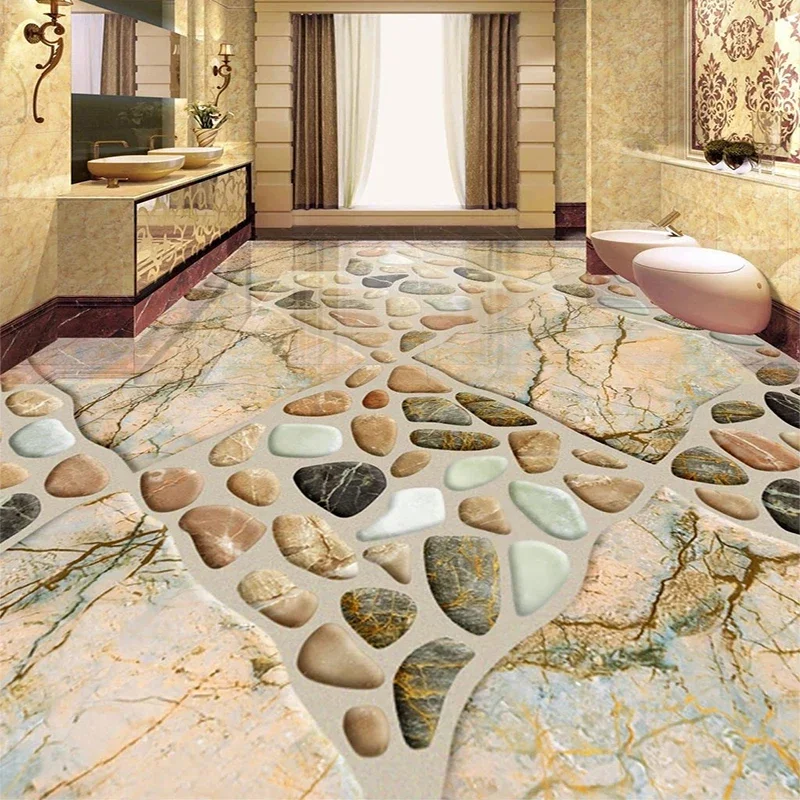 

Custom Self-Adhesive Waterproof Floor Mural Wallpaper Modern Stereo Cobblestone 3D Floor Painting Mural Bathroom Hotel Stickers