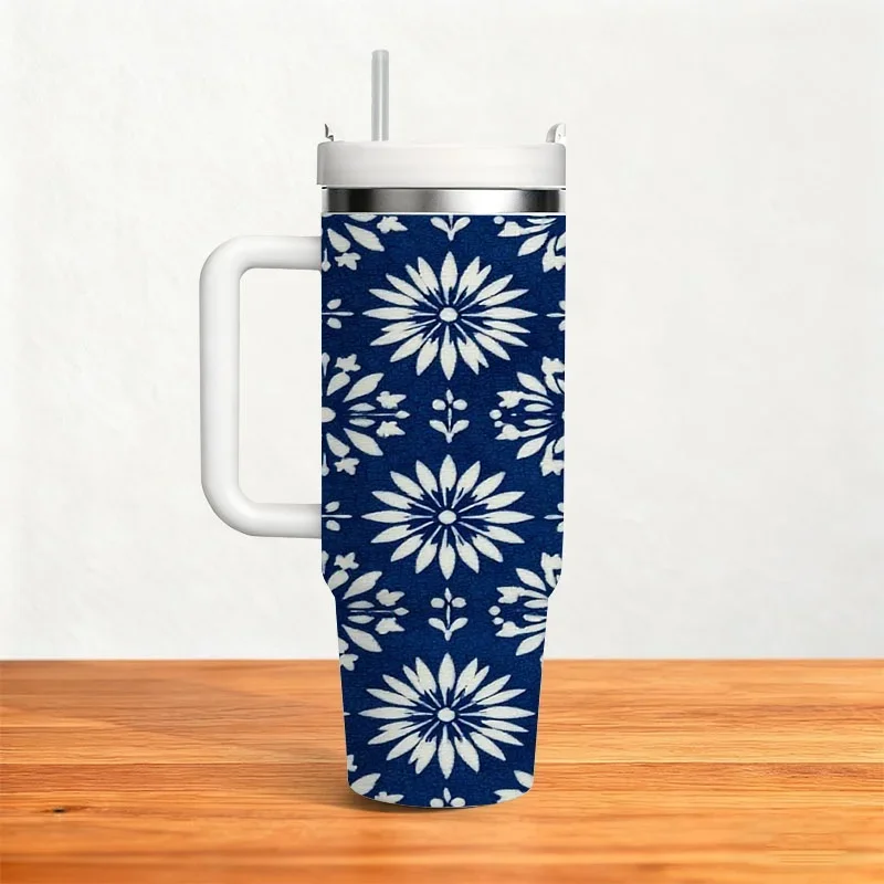 Stainless Steel 40oz Tumbler with Intricate Navy Blue White Floral & Geometric Digital Print, Double Wall Insulated Beverage Container for Hot & Cold Drinks, Perfect for Home Kitchen Office Daily Use
