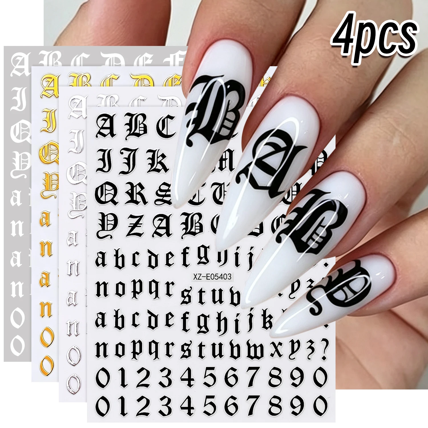4Pcs/Set Gothic Letter Nail Stickers Metallic Gold&Silver&Black Old English Alphabet Number Decal A-Z&0-9 Letter Manicure Slider
