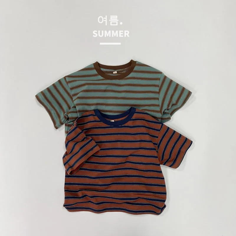 New Summer Boy Girl Children Thin Loose Striped T-shirt Baby Retro Casual Sports Short Sleeves Tops Fashion Cotton Simple Tees