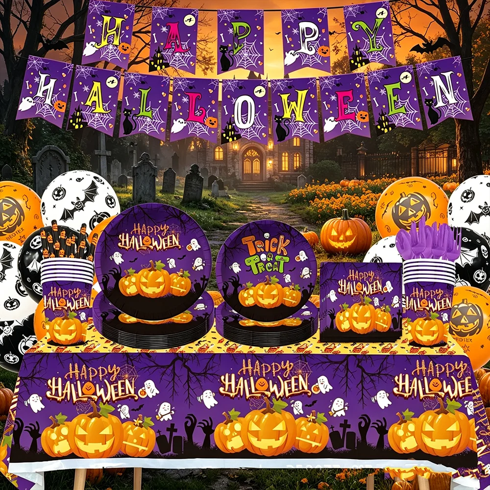 Halloween-Themen-Partydekorationen Kürbis-Geist Einweg-Pappteller, -Becher, -Servietten Party-Tischgeschirr-Set