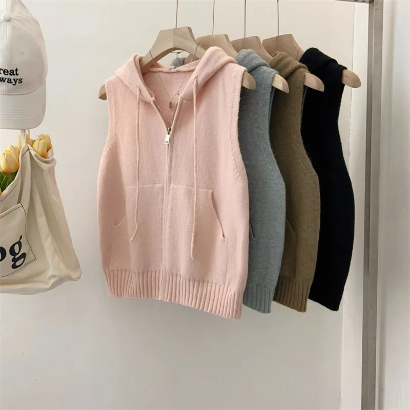 Korean Solid Color Hooded Zipper Cardigan Sleeveless Vest Coat Women Autumn Korean Fashion British Style Waistcoat Ladies Top