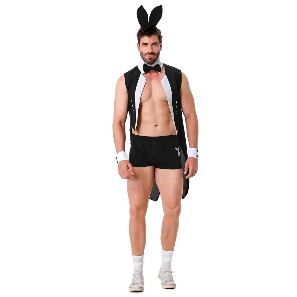 Men Sexy Outfits Lingerie Set Male Maid Cosplay Outfits Bunny Party Role Play Costume Waiter Lingerie Men Head Wear