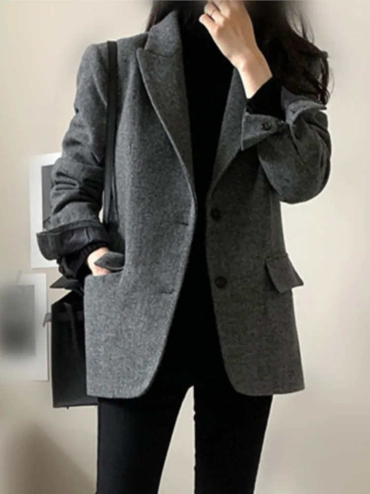 Wool Loose Blazer Coats Women Autumn Winter 2023 Fashion Office Button Up Turn Down Collar Coat Vintage Long Sleeve Chic Jacke