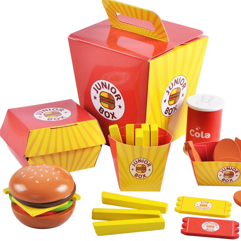 Wooden Pretend Play Toy for Kids Fast Food Set Cooking Simulation Educational Toys and Color Perception Toy for Preschool