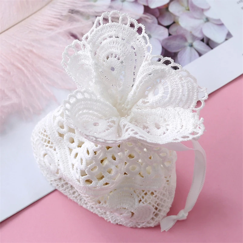 Bolsas con cordón y borde de encaje hueco blanco 3D, bolsa de almacenamiento de joyas, fondo redondo, paquete creativo de seda de leche, bolsillo de 10x14CM