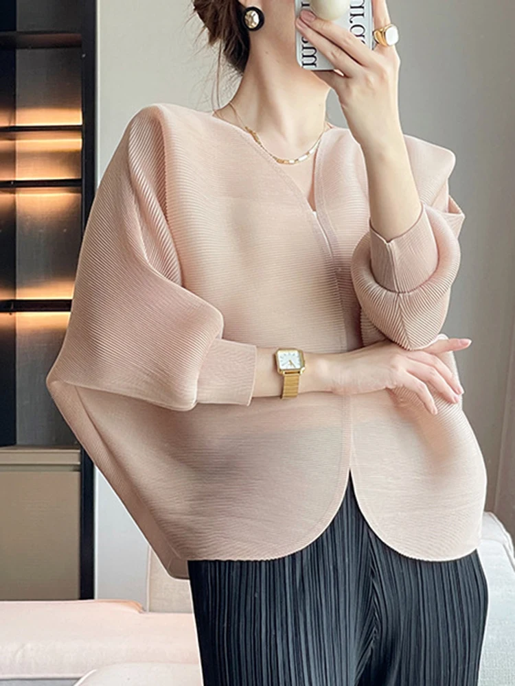 GVUW Pleated Jackets Women V Neck Batwing Sleeve Open Stitch Solid Color Versatile Fashion 2024 Autumn New Clothes 17G3327