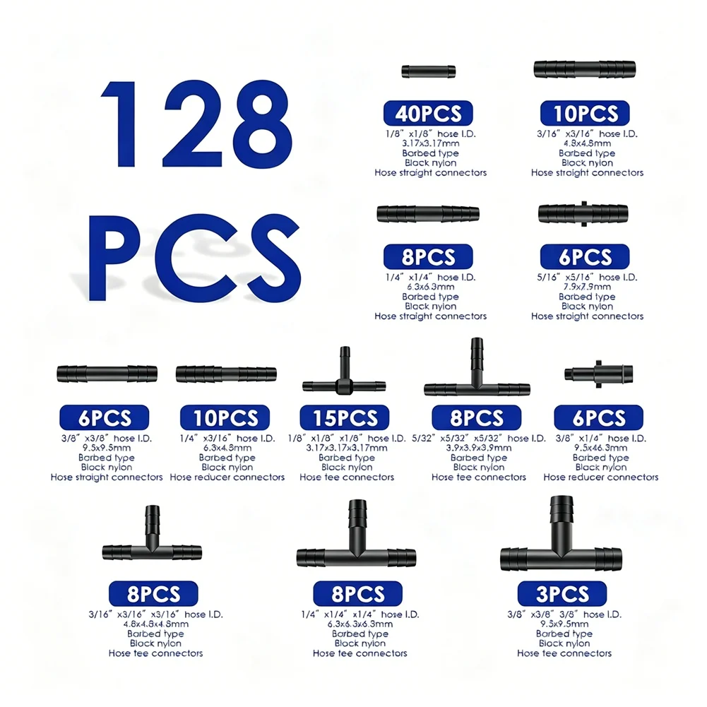 2026 New 128Pcs Vacuum Connector Assortment Plastic Hose Joiner Tee Water Pipe Joints Plastic Straight T Piece Connectors
