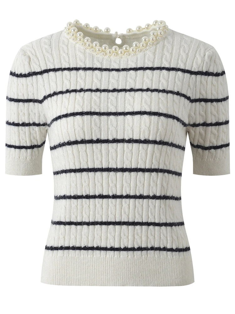 

Ele Pearl Collar Striped Slim Fit ort Sve Knitted Top Women's Faion High-End Version Sweet Commute Sle Sweater
