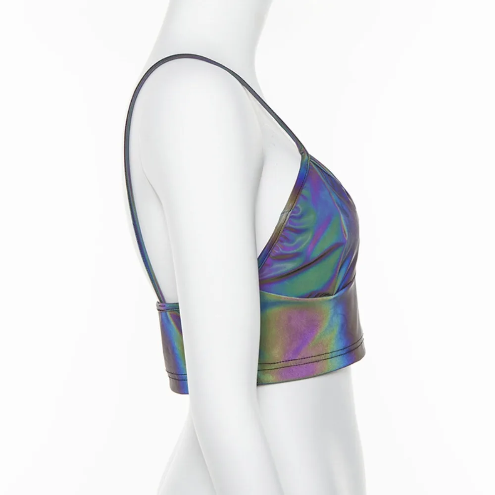 Colorful Reflective Laser Tops Sexy V Neck Satin Tube Chest Wrap Slim Bandeau Underwear Club Party