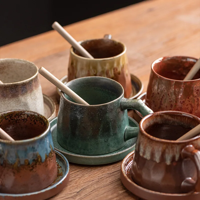 Coarse Pottery Kiln-Change and Saucer Set Handmade Japanese Retro Art Ceramic Pour-Over Coffee Cup