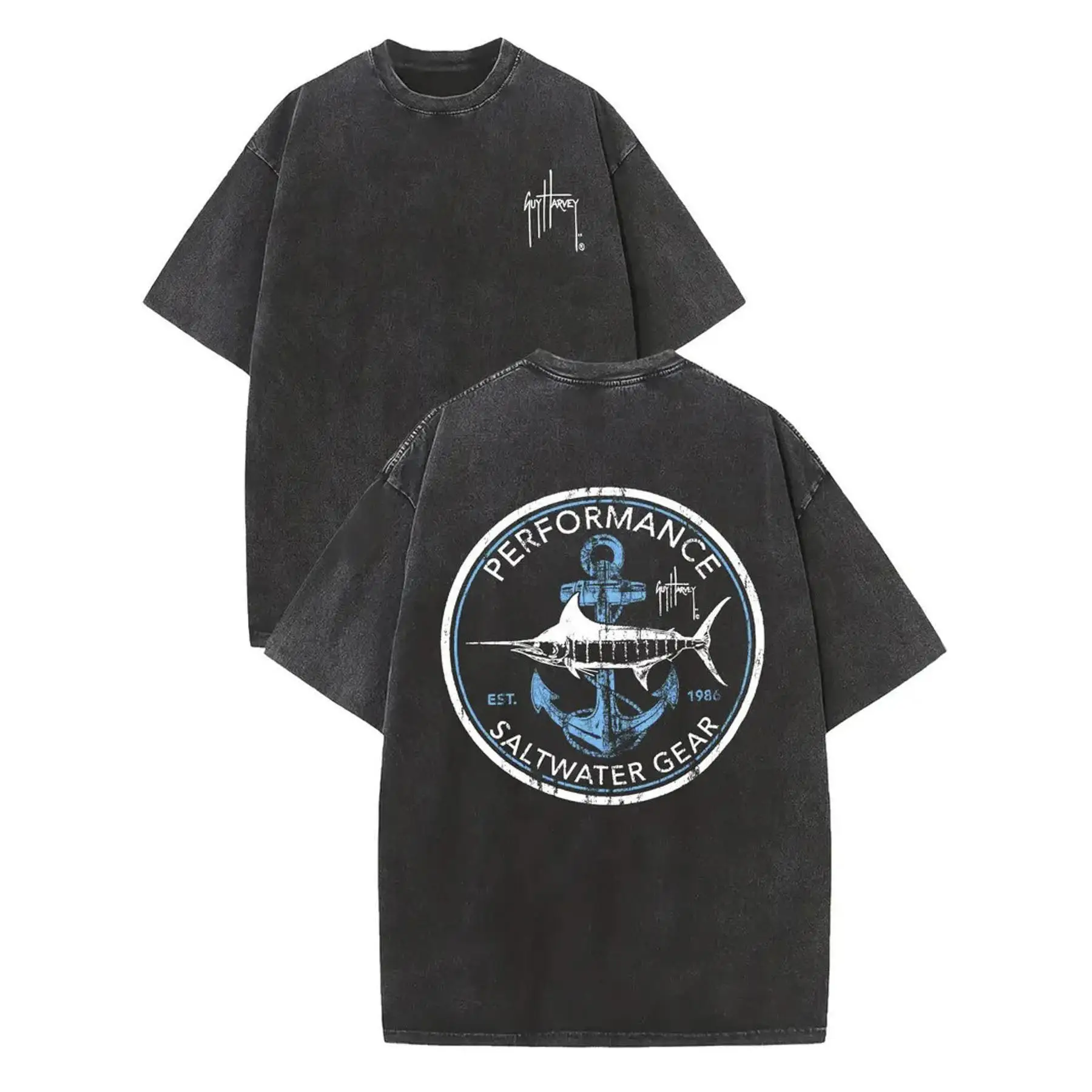 

Oversized Fishing T Shirt Men Vintage Marlin Graphic Tee Saltwater Angler Anchor Back Print Streetwear Summer Tops