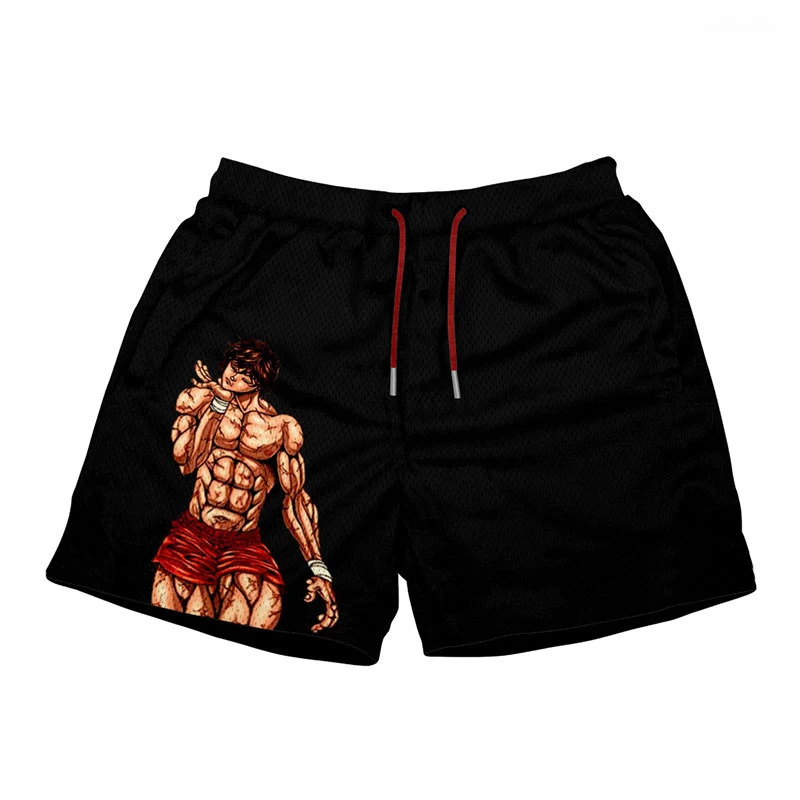 Pantalones cortos de Anime Baki Haman con estampado, ropa de calle para hombre, pantalones cortos de playa informales sueltos para hombre, pantalones cortos negros con cintura elástica