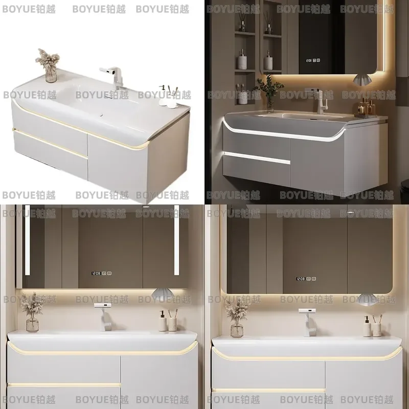 Light Luxury Integrated Basin Bathroom Vanity Cabinet with Rounded Corner Mirror Storage Washbasin Unit Modern Wall Mounted