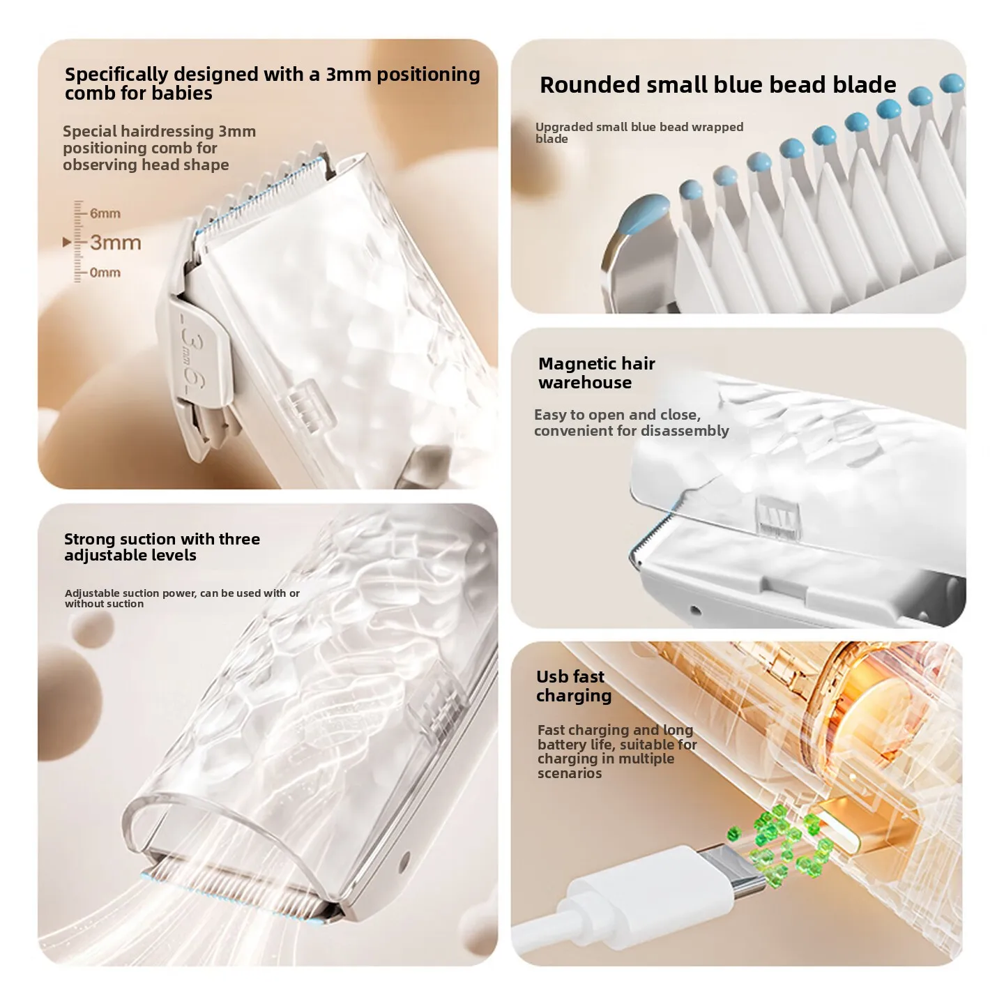 Baby Hair Clipper Automatic Hair Vacuum Rechargeable Electric Trimmer for Newborn Kids Quiet Home Grooming Tool Use 아기 이발기