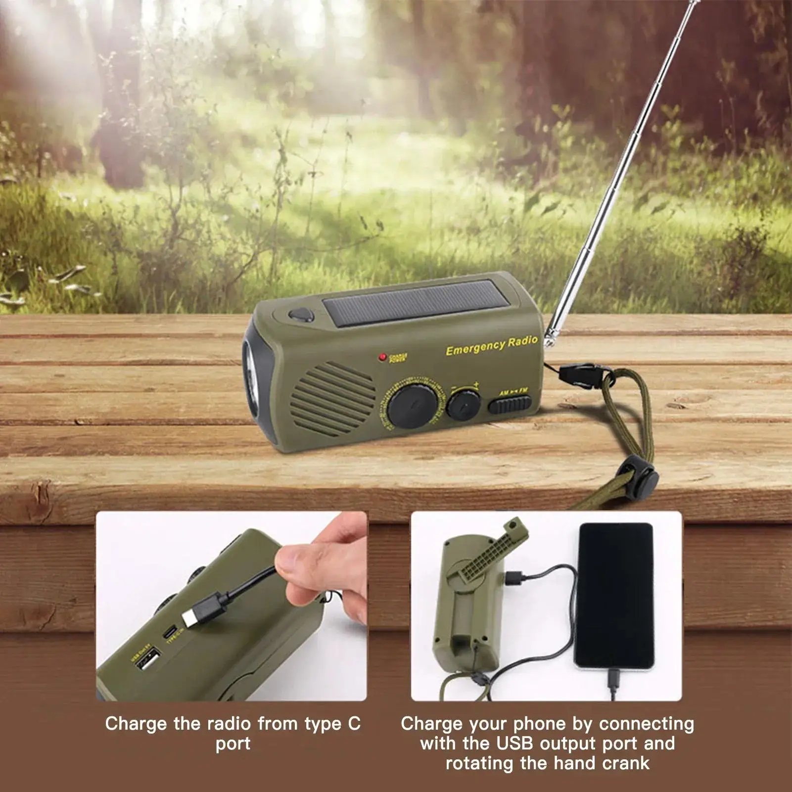 

USB Rechargeable Flashlight SOS Alarm Power Bank Outdoor Emergency Radio Solar Charging Hand Crank Portable For Survival Tools