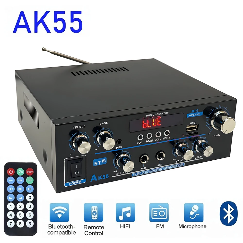 AK55 HiFi Digital Amplifier Channel 2.0 Bluetooth Surround Sound AMP Max Power 90Wx2 Speaker for Home Car BT 5.0 Audio AMP