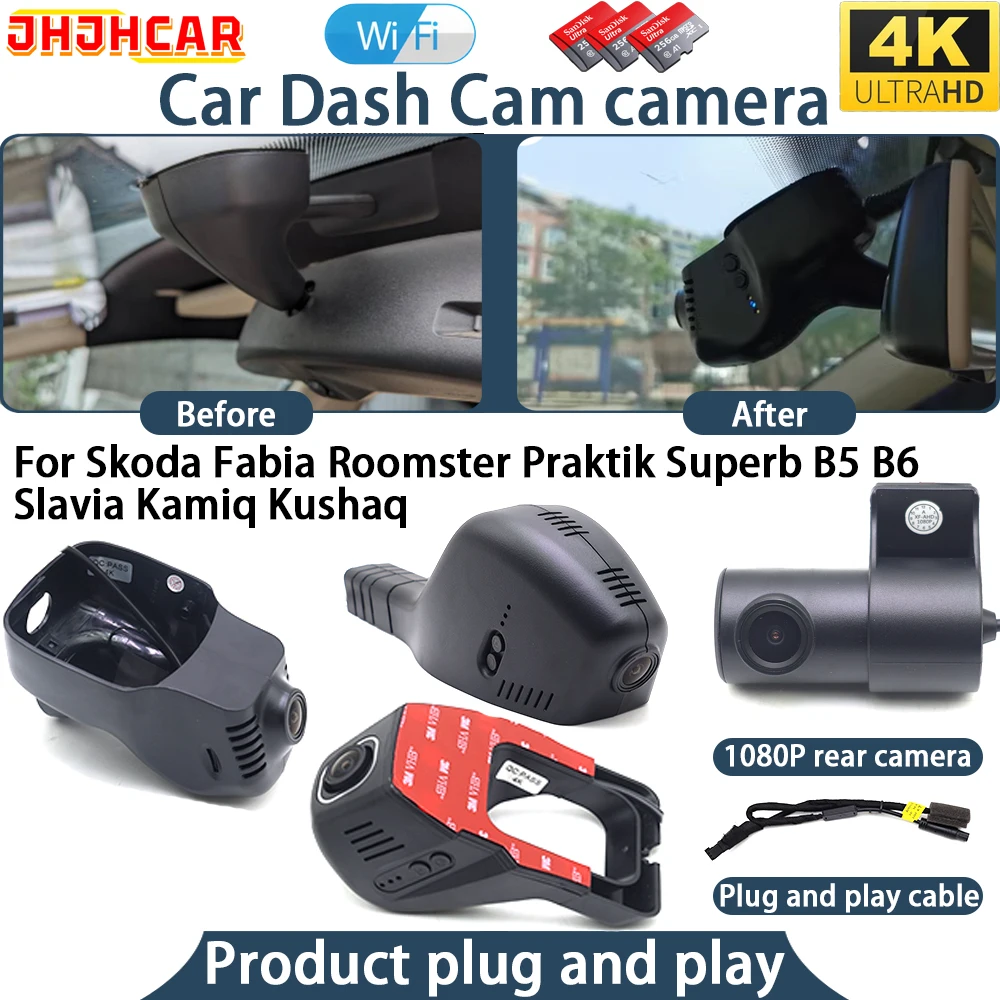 4K Dash Cam For Skoda Fabia Roomster Praktik Superb B5 B6 Slavia Kamiq Kushaq Plug And Play WiFi DVR Car Camera Video Recorder