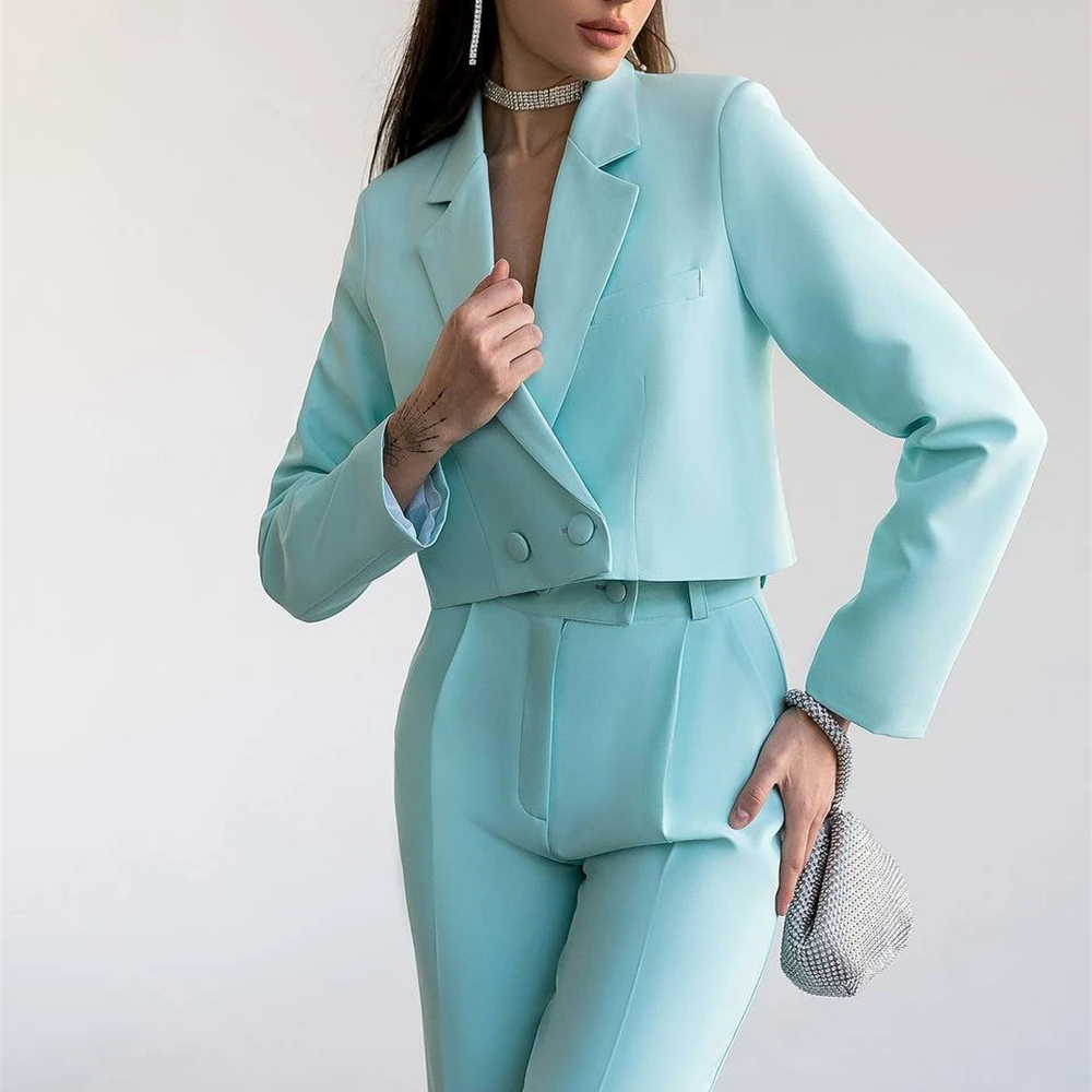 Abito da donna in due pezzi verde Tifany con blazer corto Pantaloni a gamba larga con abito da ospite di nozze con spacco