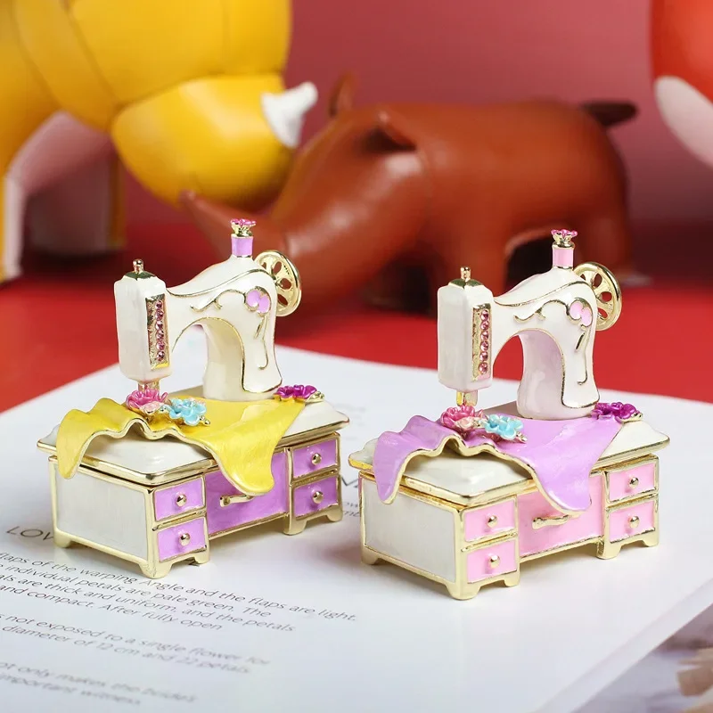 Vintage Enamel Sewing Machine Trinket Box, Retro Jewelry Storage Keepsake for Rings, Handmade Craft Gift-Sewing Lover Home Decor
