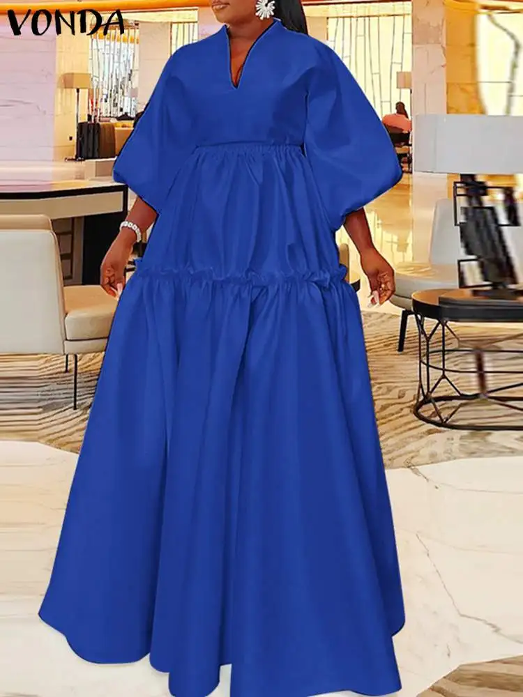 VONDA Women Elegant Sundress Long Shirt Dress 2024 Summer Solid Color 3/4 Lantern Sleeve Casual Loose Ruffled Maxi Vestidos Robe