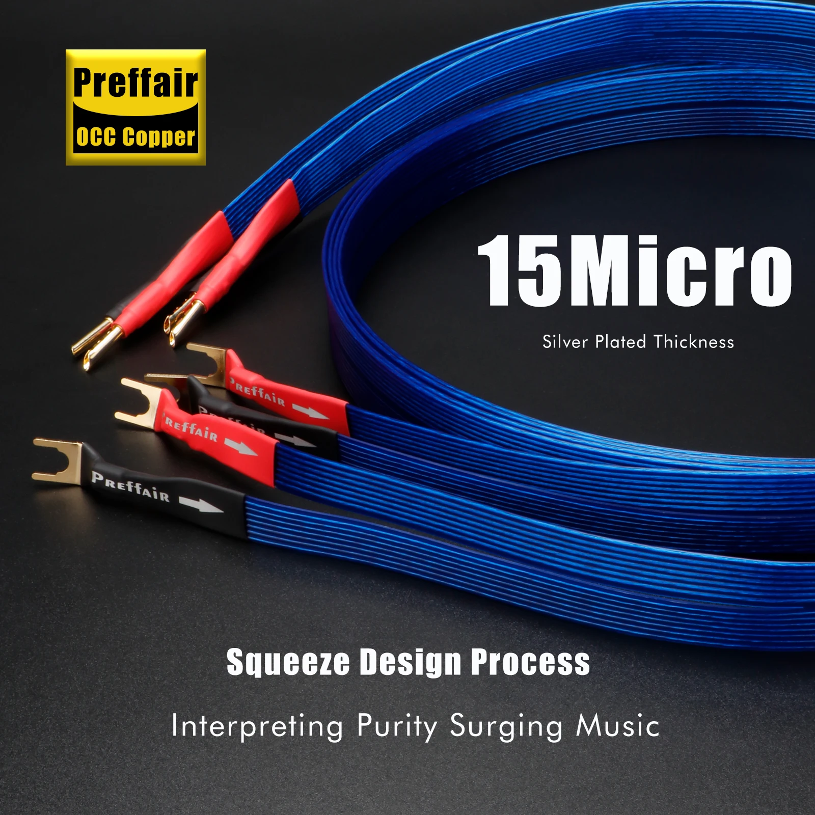 オーディオマニア向けブルースピーカーケーブル バナナ/Yスパッドケーブル 銀メッキOCCスピーカーフラットワイヤー アンプ、DVD、CD用