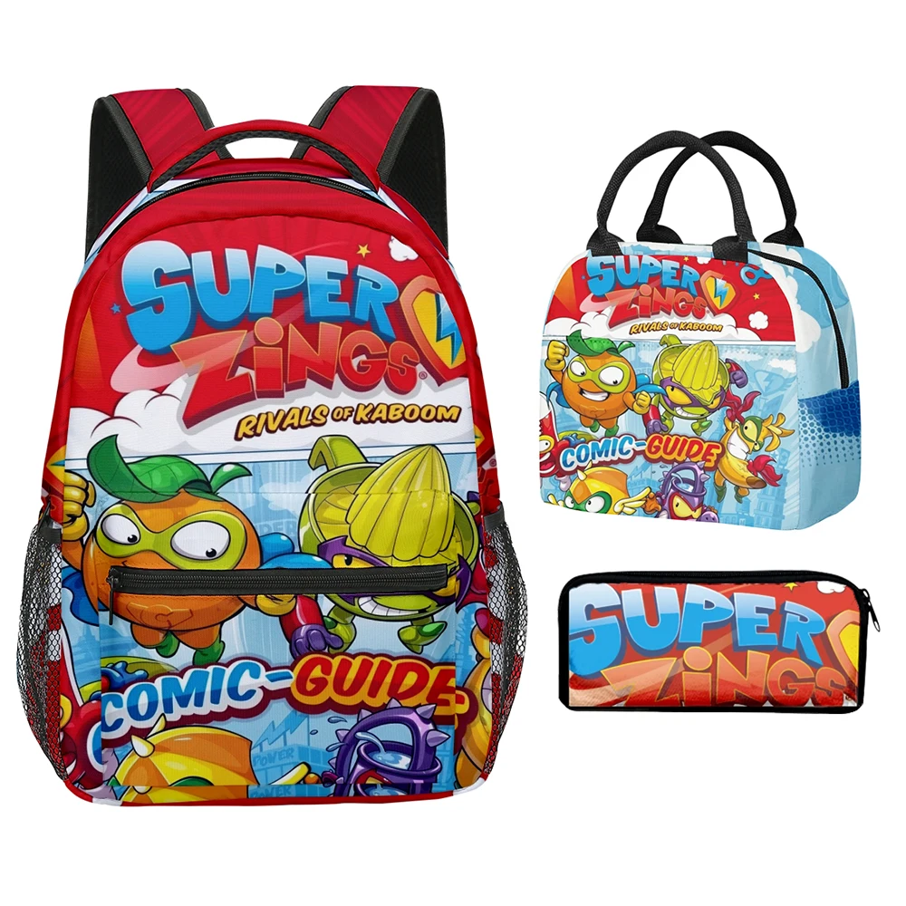Classic Popular Fashion Funny Superzings 3D Printed 3pcs/Set School Bags Travel Notebook Backpack portable Lunch bag Pencil Case